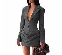 Womens Blazer Dress Deep V-Neck Solid Ruched Ruffles - Bodycon Belted Ruffle Dress, Office to Evening Dress (Gray,Grand)