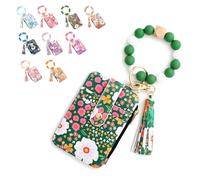 Women's Boho Beaded Wallet, Boho Style Beaded & Tassel Keychain Floral Fruit Pattern Wristlet Wallet, with Silicone Bracelet (Green)