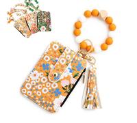 Women's Boho Beaded Wallet, Boho Style Beaded Tassel Keychain,with Floral Fruit Pattern, As Wallet Keychain+ID Bag (Yellow,2 Pcs)