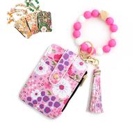 Women's Boho Beaded Wallet, Boho Style Beaded Tassel Keychain,with Floral Fruit Pattern, As Wallet Keychain+ID Bag (Rose Red,2 Pcs)