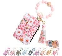 Women's Boho Beaded Wallet Keychain for Women - Floral Tassel Wristlet with Card Holder | Bohemian Bracelet Purse & Small Credit Card Wallet (Light Pink)