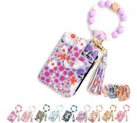 Women's Boho Beaded Wallet Keychain for Women - Floral Tassel Wristlet with Card Holder | Bohemian Bracelet Purse & Small Credit Card Wallet (Light Purple)