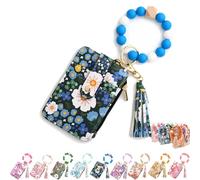 Women's Boho Beaded Wallet Keychain for Women - Floral Tassel Wristlet with Card Holder | Bohemian Bracelet Purse & Small Credit Card Wallet (Dark Blue)