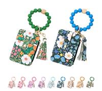 Women's Boho Beaded Wallet with Flower Pattern, Beaded Wristlet Keychain Wallet, Credit Card Holder with Beaded & Tassel (Dark Blue+Green)