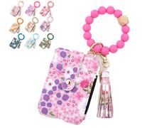 Women's Boho Beaded Wallet with Flower Pattern Boho Style Beaded Tassel Decorated Keychain Wristlet Wallet Card Holder Purse (Rose Red)