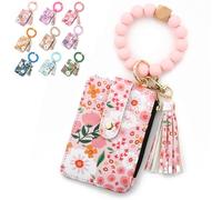 Women's Boho Beaded Wallet with Flower Pattern Boho Style Beaded Tassel Decorated Keychain Wristlet Wallet Card Holder Purse (Light Pink)