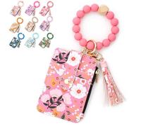 Women's Boho Beaded Wallet with Flower Pattern Boho Style Beaded Tassel Decorated Keychain Wristlet Wallet Card Holder Purse (Dark Pink)