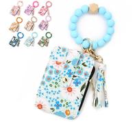 Women's Boho Beaded Wallet with Flower Pattern Boho Style Beaded Tassel Decorated Keychain Wristlet Wallet Card Holder Purse (Light Blue)