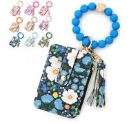 Women's Boho Beaded Wallet with Flower Pattern Boho Style Beaded Tassel Decorated Keychain Wristlet Wallet Card Holder Purse (Dark Blue)