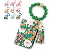 Women's Boho Beaded Wallet with Flower Pattern Boho Style Beaded Tassel Decorated Keychain Wristlet Wallet Card Holder Purse (Green)