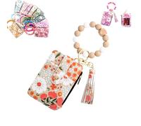 Women's Boho Beaded Wallet with Flower Pattern, Boho Style Beaded Tassel Keychain Wallets, Wristlet Keychainwallet with Flower Patterns (Khaki)