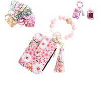 Women's Boho Beaded Wallet with Flower Pattern, Boho Style Beaded Tassel Keychain Wallets, Wristlet Keychainwallet with Flower Patterns (Light Pink)