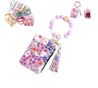 Women's Boho Beaded Wallet with Flower Pattern, Boho Style Beaded Tassel Keychain Wallets, Wristlet Keychainwallet with Flower Patterns (Light Purple)