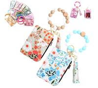 Women's Boho Beaded Wallet with Flower Pattern, Boho Style Beaded Tassel Keychain Wallets, Wristlet Keychainwallet with Flower Patterns (2PCS D)