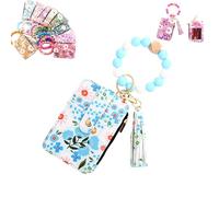 Women's Boho Beaded Wallet with Flower Pattern, Boho Style Beaded Tassel Keychain Wallets, Wristlet Keychainwallet with Flower Patterns (Light Blue)