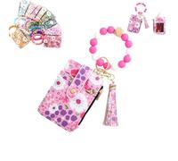 Women's Boho Beaded Wallet with Flower Pattern, Boho Style Beaded Tassel Keychain Wallets, Wristlet Keychainwallet with Flower Patterns (Rose Red)