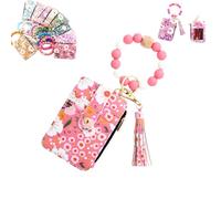 Women's Boho Beaded Wallet with Flower Pattern, Boho Style Beaded Tassel Keychain Wallets, Wristlet Keychainwallet with Flower Patterns (Dark Pink)