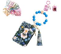 Women's Boho Beaded Wallet with Flower Pattern, Boho Style Beaded Tassel Keychain Wallets, Wristlet Keychainwallet with Flower Patterns (Dark Blue)