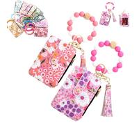 Women's Boho Beaded Wallet with Flower Pattern, Boho Style Beaded Tassel Keychain Wallets, Wristlet Keychainwallet with Flower Patterns (2PCS B)