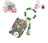 Women's Boho Beaded Wallet with Flower Pattern, Boho Style Beaded Tassel Keychain Wallets, Wristlet Keychainwallet with Flower Patterns (Green)