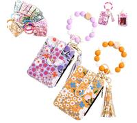 Women's Boho Beaded Wallet with Flower Pattern, Boho Style Beaded Tassel Keychain Wallets, Wristlet Keychainwallet with Flower Patterns (2PCS F)