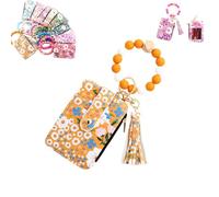 Women's Boho Beaded Wallet with Flower Pattern, Boho Style Beaded Tassel Keychain Wallets, Wristlet Keychainwallet with Flower Patterns (Yellow)