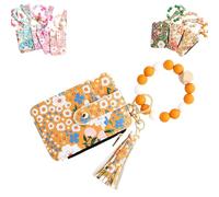 Women's Boho Beaded Wallet with Flower Pattern, Bracelet Keychain Wallet for Women, Credit Card Holder Purse (Orange)