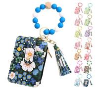 Women's Boho Beaded Wallet, Womens Boho Style Beaded and Tassel Wristlet Keychain Wallet with Floral Fruit Pattern (Dark Blue)