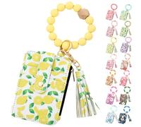 Women's Boho Beaded Wallet, Womens Boho Style Beaded and Tassel Wristlet Keychain Wallet with Floral Fruit Pattern (Lemon)