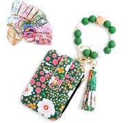 Women's Boho Beaded Wristlet Wallet, Flower Pattern Tassel Keychain Wallet, Small Compartment Credit Card Holder Purse (Green)