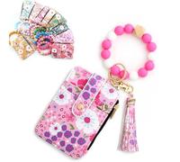 Women's Boho Beaded Wristlet Wallet, Flower Pattern Tassel Keychain Wallet, Small Compartment Credit Card Holder Purse (Rose Red)