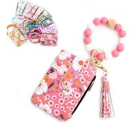 Women's Boho Beaded Wristlet Wallet, Flower Pattern Tassel Keychain Wallet, Small Compartment Credit Card Holder Purse (Dark Pink)