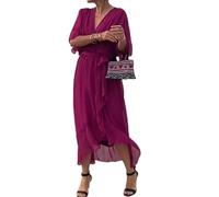 Womens Boho Casual Dress Fashion Solid Color Wrap V Neck Summer Loose Half Sleeve A Line Irregular Midi Crochet Romper Dress (Fuchsia,Grand)