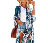 Women's Boho Floral Print Kimono Cardigan Chiffon Beach Cover Up Loose Long Sleeve Open Front Summer Outwear Casual Swimwear Robe for Vacation