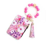 Women's Boho Style Beaded & Tassel Decorated Keychain with Flower Pattern Wallet, Boho Beaded Wallet, Bracelet Keychain Wallet (Red)