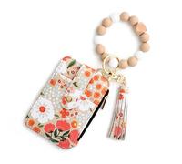 Women's Boho Style Beaded & Tassel Decorated Keychain with Flower Pattern Wallet, Boho Beaded Wallet, Bracelet Keychain Wallet (Khaki)
