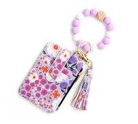 Women's Boho Style Beaded & Tassel Decorated Keychain with Flower Pattern Wallet, Boho Beaded Wallet, Bracelet Keychain Wallet (Purple)