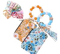 Women's Boho Style Beaded & Tassel Decorated Keychain with Flower Pattern Wallet, Bracelet Keychain Wallet for Women (BI)