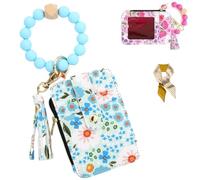 Women's Boho Style Beaded & Tassel Decorated Keychain with Flower Pattern Wallet,Cute Silicone Beaded Credit Card Holder (Light Blue)