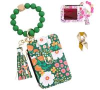 Women's Boho Style Beaded & Tassel Decorated Keychain with Flower Pattern Wallet,Cute Silicone Beaded Credit Card Holder (Green)
