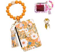 Women's Boho Style Beaded & Tassel Decorated Keychain with Flower Pattern Wallet,Cute Silicone Beaded Credit Card Holder (Yellow)