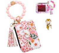 Women's Boho Style Beaded & Tassel Decorated Keychain with Flower Pattern Wallet,Cute Silicone Beaded Credit Card Holder (Light Pink)