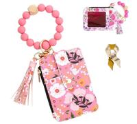 Women's Boho Style Beaded & Tassel Decorated Keychain with Flower Pattern Wallet,Cute Silicone Beaded Credit Card Holder (Dark Pink)