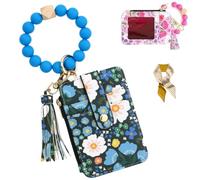 Women's Boho Style Beaded & Tassel Decorated Keychain with Flower Pattern Wallet,Cute Silicone Beaded Credit Card Holder (Dark Blue)