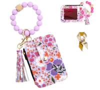 Women's Boho Style Beaded & Tassel Decorated Keychain with Flower Pattern Wallet,Cute Silicone Beaded Credit Card Holder (Purple)