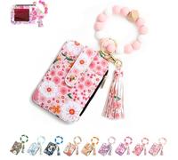 Women's Boho Style Beaded & Tassel Decorated Keychain with Flower Pattern Wallet, Wristlet Keychain Wallet for Women (Light Pink,One Size)