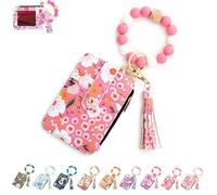 Women's Boho Style Beaded & Tassel Decorated Keychain with Flower Pattern Wallet, Wristlet Keychain Wallet for Women (Dark Pink,One Size)