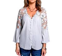 Women's Boho V Neck Blouse with Lace Insert Long Bell Sleeve Button Down Shirts Casual Solid Color Peasant Tops for Summer Fall Vacation Beach