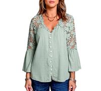 Women's Boho V Neck Blouse with Lace Insert Long Bell Sleeve Button Down Shirts Casual Solid Color Peasant Tops for Summer Fall Vacation Beach