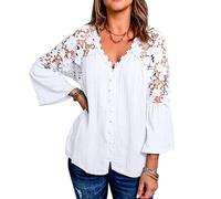 Women's Boho V Neck Blouse with Lace Insert Long Bell Sleeve Button Down Shirts Casual Solid Color Peasant Tops for Summer Fall Vacation Beach